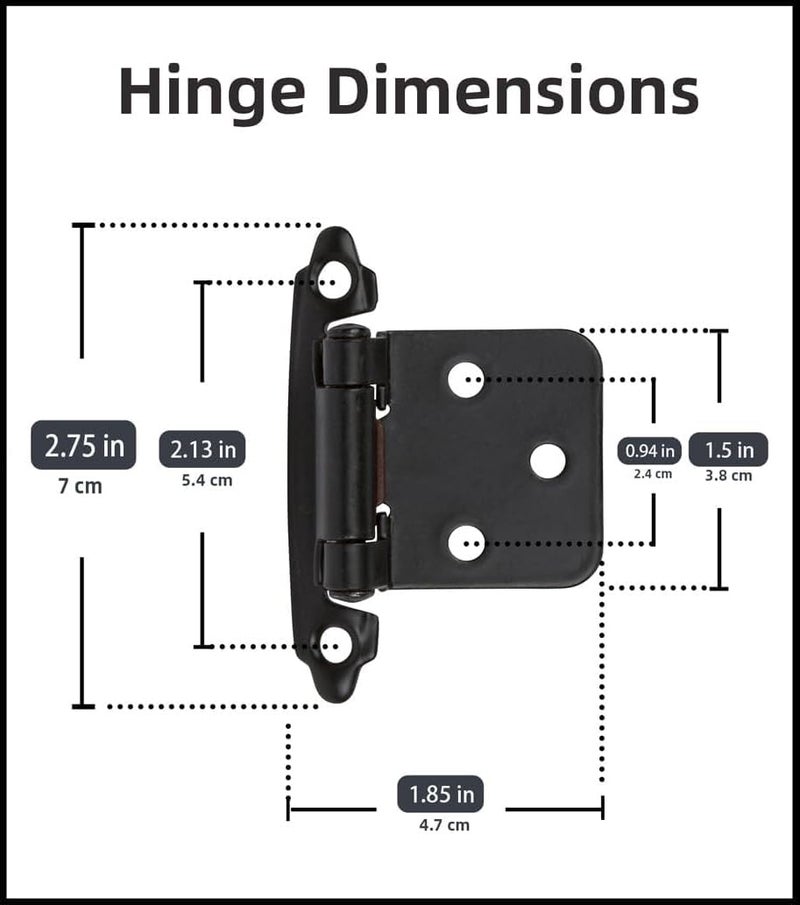 DecoBasics Oil Rubbed Bronze Cabinet Hinges for Kitchen Cabinets (25 Pair -50 Pcs) -1/2" Overlay (Variable) -Self Closing Kitchen Cabinet Hinges Flush Mount w/Silicon Bumpers & Upgraded Screws - Image 3